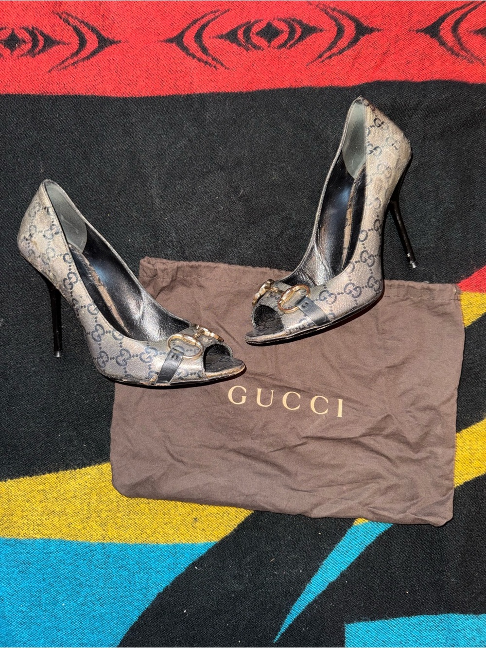 Gucci Women's Brown GG Canvas Peep-Toe Pumps 8.5